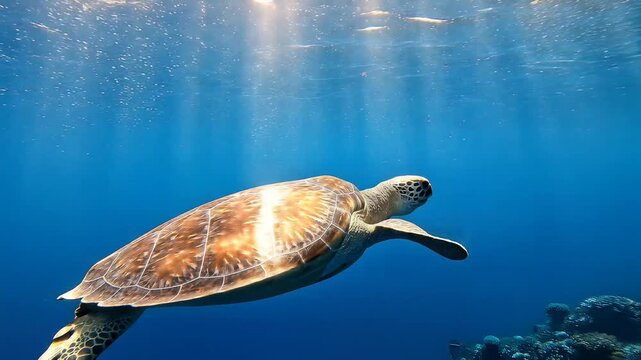 Sea turtle swimming through clear blue ocean water with sunbeams