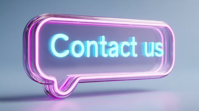 3D rendering of neon speech bubble with glowing contact us text on purple gradient background
