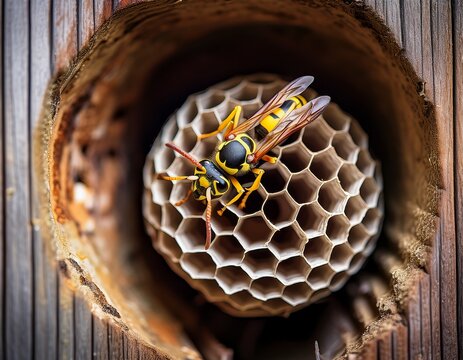 close up view of a yellow jacket wasp building a paper nest inside a weathered wooden crevice highlighting the hexagonal cell structure