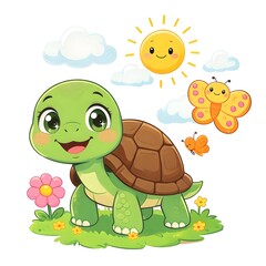 Obraz premium Adorable cartoon turtle smiles on grassy meadow with bright sun, cheerful butterflies and colorful flowers , a playful children’s illustration conveying happiness, innocence, nature and springtime fun