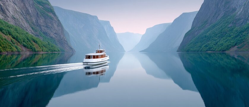 A serene landscape featuring a fjord with calm waters reflecting the surrounding scenery.