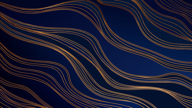 Golden wave pattern against a dark blue background a flowing abstract design with repeating curved lines wavy curve gold dark blue navy
