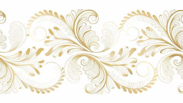 Golden floral ornament a seamless repeating pattern on a white background featuring swirling leaf like shapes gold filigree design texture motif