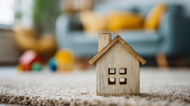 Wooden house model stands on a carpet in a living room with colorful toys and a couch in the background