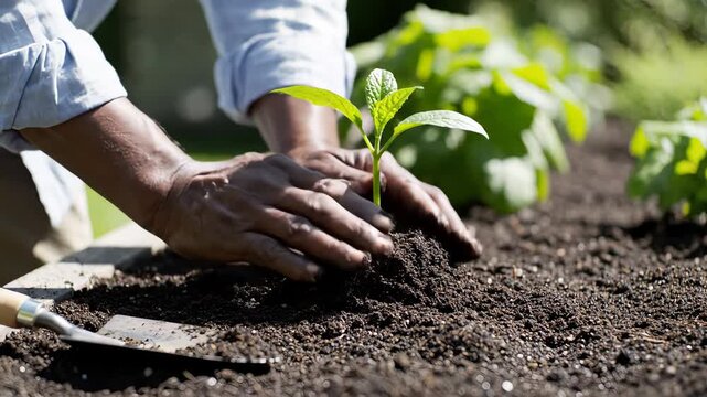Gardener presses soil around small plant in garden bed. Focus on hands working in fertile earth. Bright outdoor setting with healthy greenery. Concept of gardening, landscaping, plant care