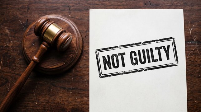 "Not Guilty" Verdict Stamp on White Paper and Judge Gavel on Dark Wooden Table, Legal Background Mockup