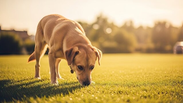 Dog sniffing grass outdoors in sunlight exploring nature on sunny day