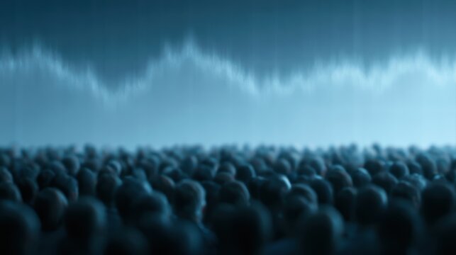 retail investor crowd watching abnormal stock movement on giant screen, volatility and hype concept