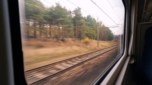 View from train window with blurred railway tracks and forest landscape, travel journey concept, passenger perspective, railway transportation, countryside trip, motion blur, quiet