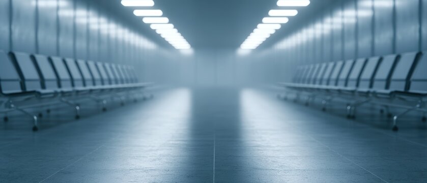 Empty airport terminal during fictional international emergency situation