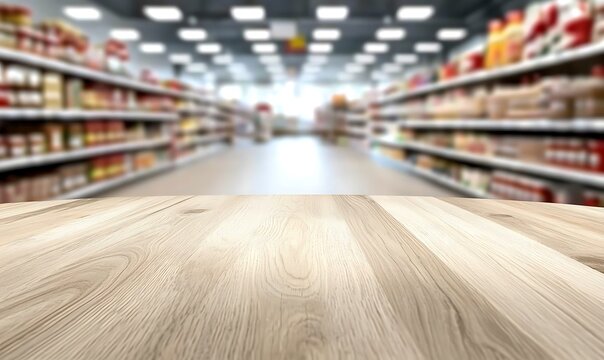Wooden planks table foreground, blurred supermarket aisle background, consumer products on shelves, commercial interior.
