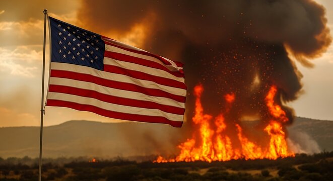 American flag burning with dramatic flames and smoke.