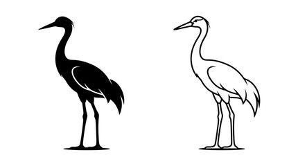 Fototapeta premium crane bird silhouette and line drawing black