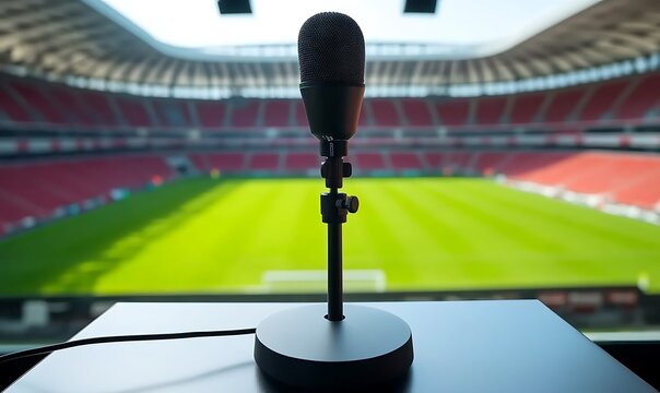 Microphone on stand with stadium background represents sports broadcasting commentary.