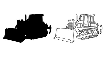 bulldozer silhouette and line drawing construction vehicle © Design Bari