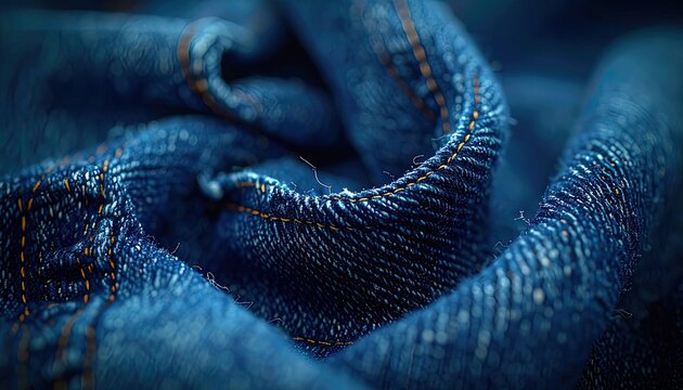 Close-up macro shot of wrinkled blue denim fabric with orange stitching.