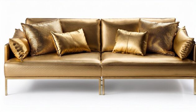 modern gold fabric sofa with pillows isolated on white background