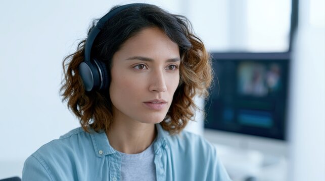 Creative young female editor wearing headphones working at stylish desktop setup