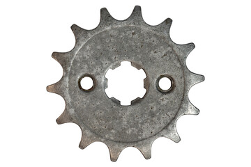 Fototapeta na wymiar Industrial twelve tooth steel sprocket gear with central mounting holes
