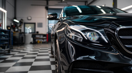 Fototapeta premium Black luxury car front in professional detailing garage with LED headlights, auto care service concept, ceramic coating, paint protection, premium vehicle maintenance, modern autom