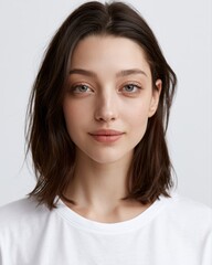 Fototapeta premium Young woman portrait with soft natural lighting, minimalist studio background, authentic beauty look