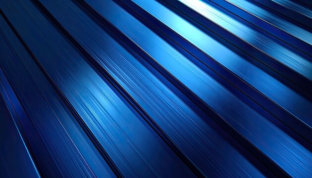 Close-up view of a blue corrugated metal surface with diagonal lines and reflections.