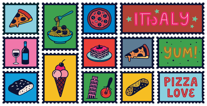 Italian Food and Travel Icons in Stamp Format with "It's Italy" and "Pizza Love" Text.