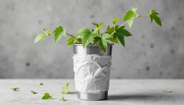 Eco-friendly reusable cup partially wrapped in old plastic with plant  