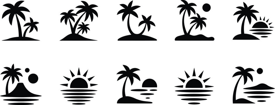 Collection of tropical island silhouettes with palm trees and sunsets over water representing vacation destinations