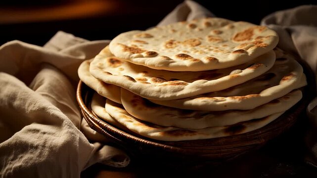 Freshly baked flatbreads piled on a rustic wooden plate. Soft cloth enhances warm atmosphere, inviting for culinary enjoyment. Concept of bakery, restaurant, homemade meals