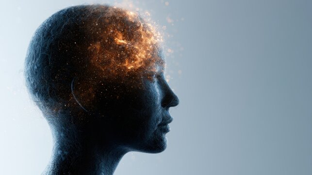 Human silhouette with AI brain overlay, machine learning, cognitive technology, innovation concept