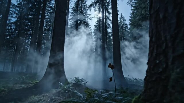 Misty forest with tall trees and fog.
