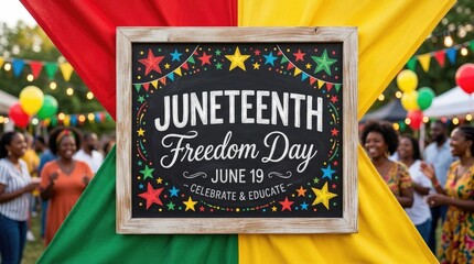 Chalkboard sign for juneteenth freedom day at outdoor community festival.