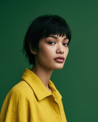 Fototapeta premium Young woman looking away against green studio background, editorial fashion portrait, soft cinematic lighting
