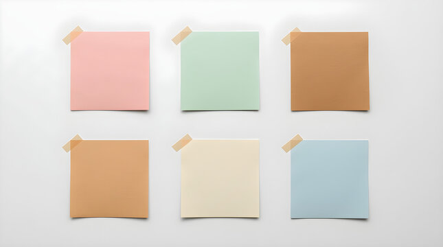rectangular paper notes arranged in two rows of three. Each note is affixed to a white background with small pieces of beige masking tape at the corners. The top row includes