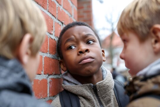 Scared young boy being cornered and bullied by two classmates against a brick wall. School bullying and social conflict concept