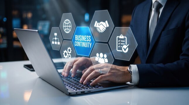 Business continuity plan concept with a businessman working on a laptop, surrounded by digital icons representing planning, teamwork, and global connections