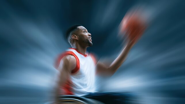 Man in wheelchair doing basketball free throw during game, adaptive sports action shot, dynamic motion blur