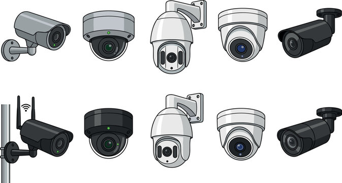 CCTV Security Camera Icon Set with Dome, Bullet, Wireless, and PTZ Surveillance Cameras for Home Protection and Public Safety Vector Designs