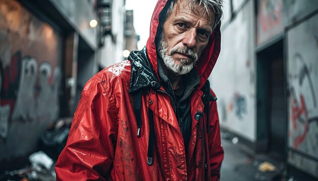 Man in red hoodie standing in urban alley.