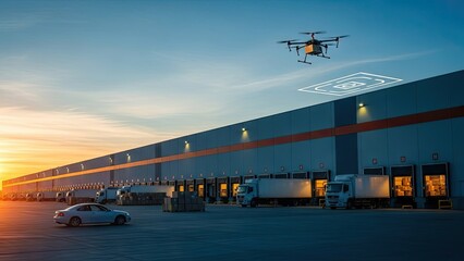 Fototapeta premium Drone delivering package near warehouse during sunset delivering goods quickly