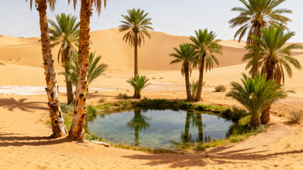 Fototapeta premium Oasis in a Vast Desert Landscape, Featuring a Circular Lake Surrounded by Lush Green Palm Trees