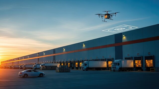 Drone delivering package near warehouse during sunset delivering goods quickly