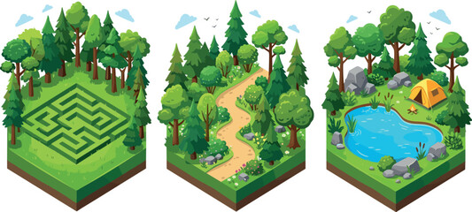 Isometric Forest Ecosystem Set with Green Maze Garden, Winding Forest Trail, and Campsite Near Lake for Outdoor Nature Vector Designs © MdRaisul