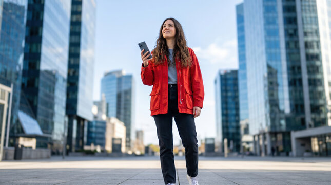 Young woman in a red jacket walks confidently through a modern city square holding her phone on a bright sunny day