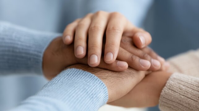 People stacking hands together during group therapy session, support and unity symbolism
