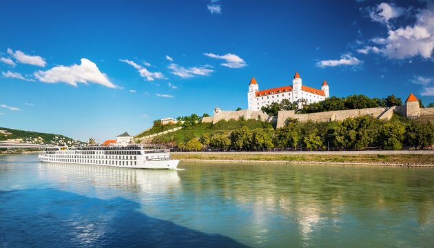 bratislava castle and danube river cruise boat on sunny day in slovakia