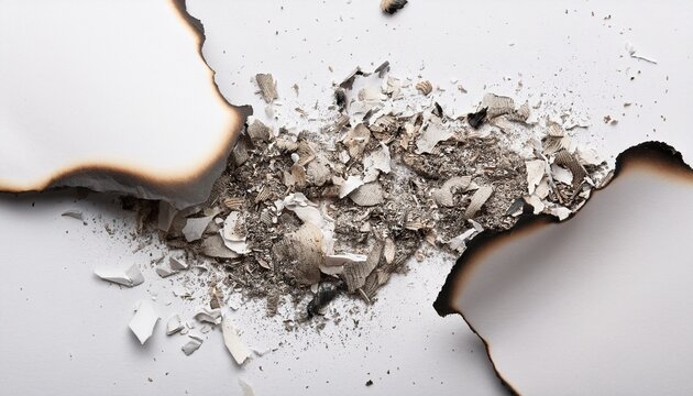 burnt paper edges with scattered ash and debris on white abstract composition symbolizing destruction or decay paper ash