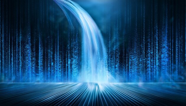 cold air flow from conditioner with blue light stream and digital waterfall technology data stream transmission bandwidth and big data concept background
