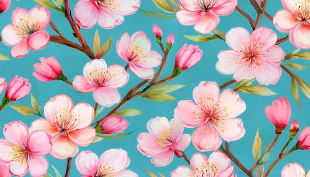 delicate watercolor cherry blossom seamless pattern on aqua blue background cherry blossoms floral pattern spring flower